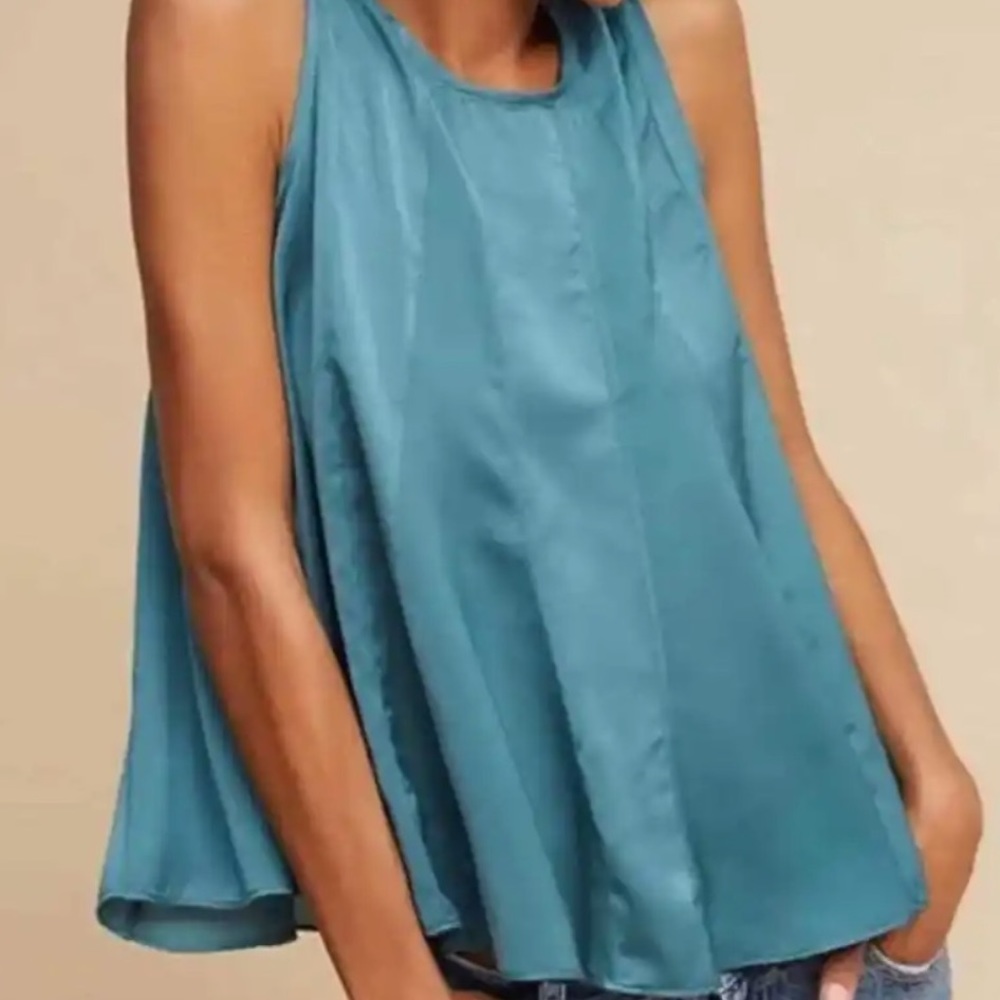 Anthropologie Eri+Ali green teal satin pleated swing blouse